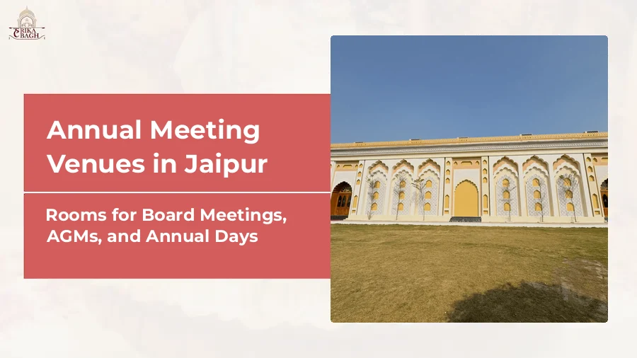 Banquet hall exterior at Harika Bagh, Jagatpura, Jaipur, with the open lawn used for corporate annual day programmes