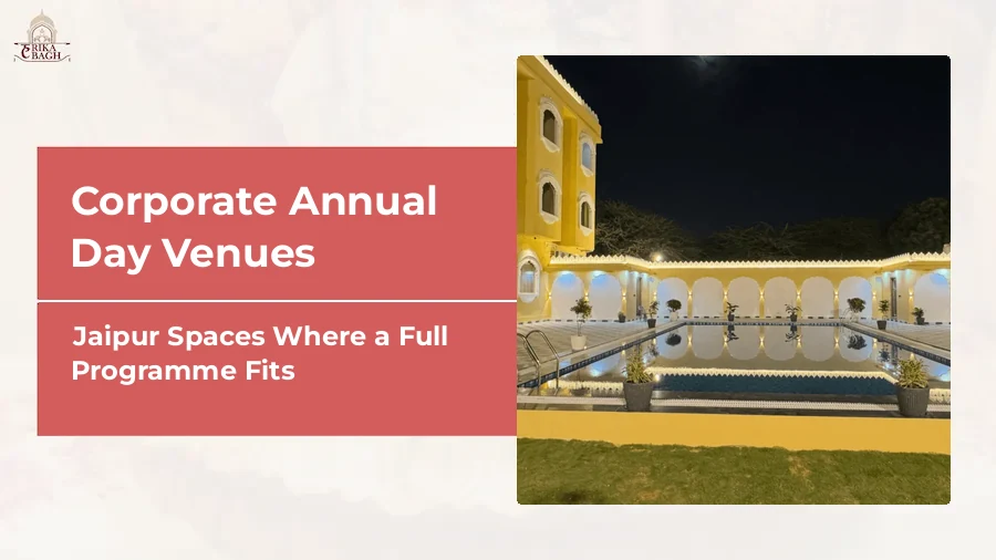 Evening view of the lit courtyard and poolside at Harika Bagh, Jagatpura, Jaipur, used for corporate annual day celebrations