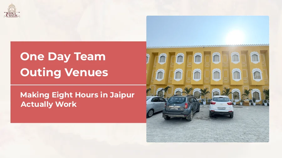 Daytime exterior and parking at Harika Bagh, Jagatpura, Jaipur, where corporate day outing groups arrive