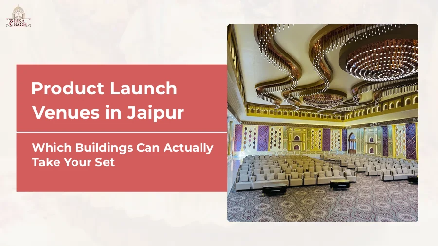 Air-conditioned hall at Harika Bagh, Jagatpura, Jaipur, set with theatre seating facing the stage for a corporate presentation