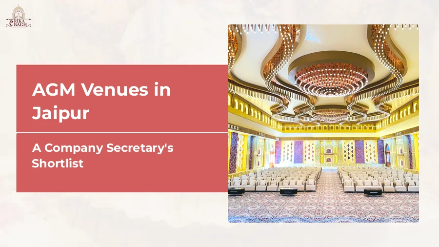 Air-conditioned hall at Harika Bagh, Jagatpura, Jaipur, set with rows of seating facing the chair for a company annual general meeting
