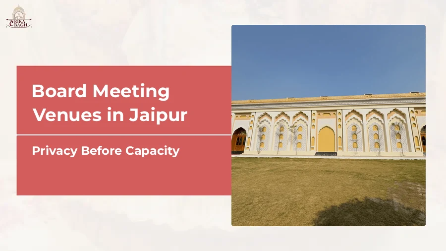 Arched banquet hall exterior at Harika Bagh, Jagatpura, Jaipur, the private property used for closed board meetings and offsite board sessions