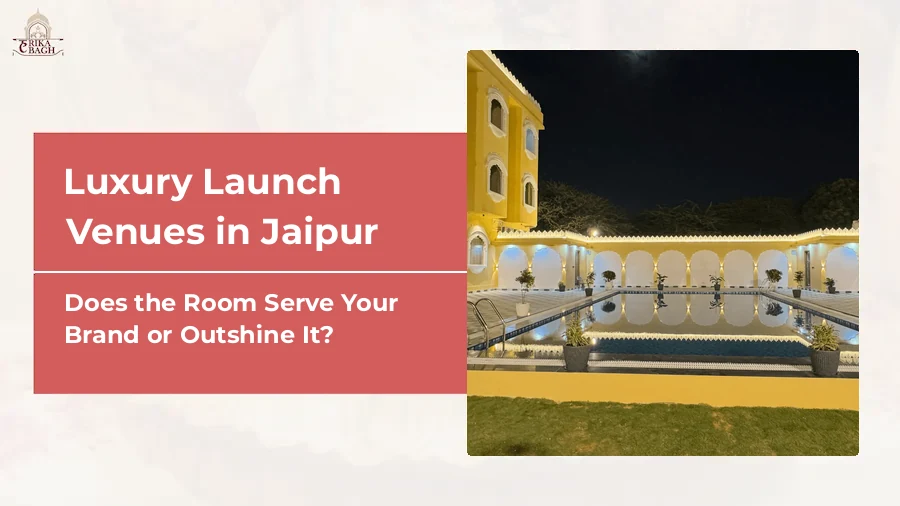 Evening view of the lit courtyard and poolside at Harika Bagh, Jagatpura, Jaipur, used for premium corporate receptions