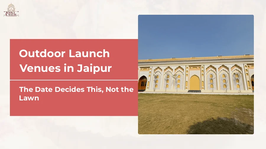 Banquet hall exterior at Harika Bagh, Jagatpura, Jaipur, with the open garden lawn used for outdoor corporate events