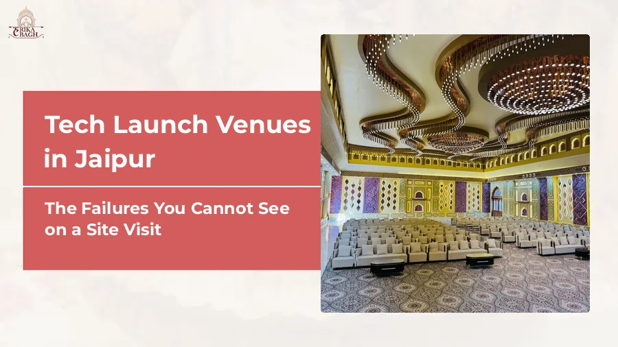 Air-conditioned hall at Harika Bagh, Jagatpura, Jaipur, set with theatre seating facing the stage for a product presentation