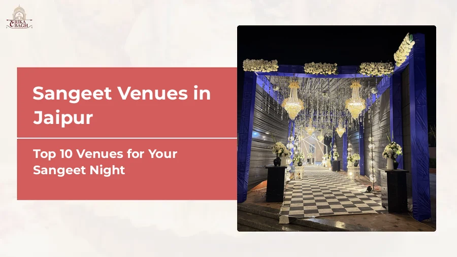 Night entrance at Harika Bagh, Jagatpura, Jaipur, lit with chandeliers and stage lighting over a chequered floor for a sangeet night