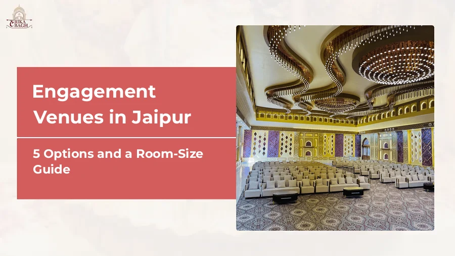 Chandelier ceiling and cushioned seating in an air-conditioned banquet hall at Harika Bagh, Jagatpura, Jaipur
