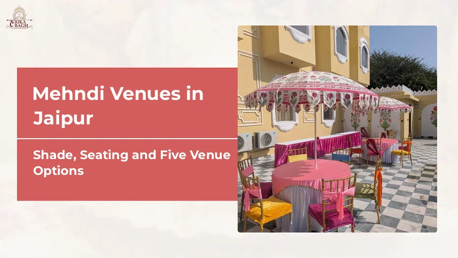 Daytime outdoor seating with pink and yellow decor at Harika Bagh in Jagatpura, Jaipur