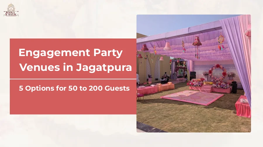 Pink draped garden pavilion with a floral ring backdrop set for a ring ceremony at Harika Bagh, Jagatpura, Jaipur
