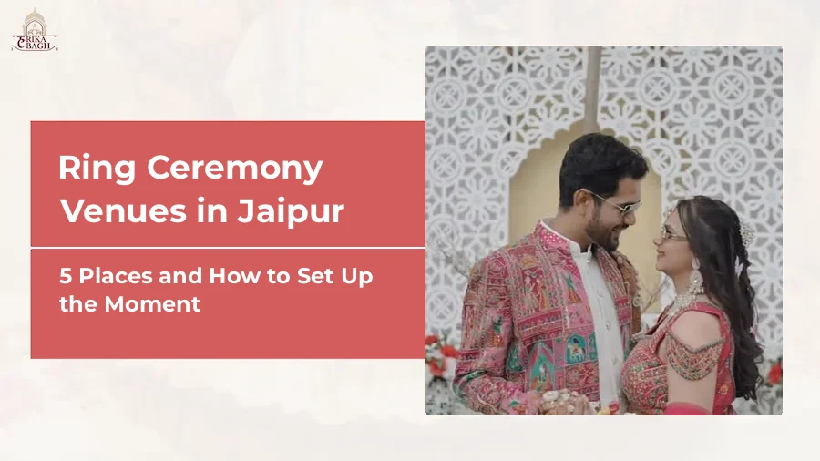 Couple in festive outfits in front of a white jaali screen at Harika Bagh, Jagatpura, Jaipur