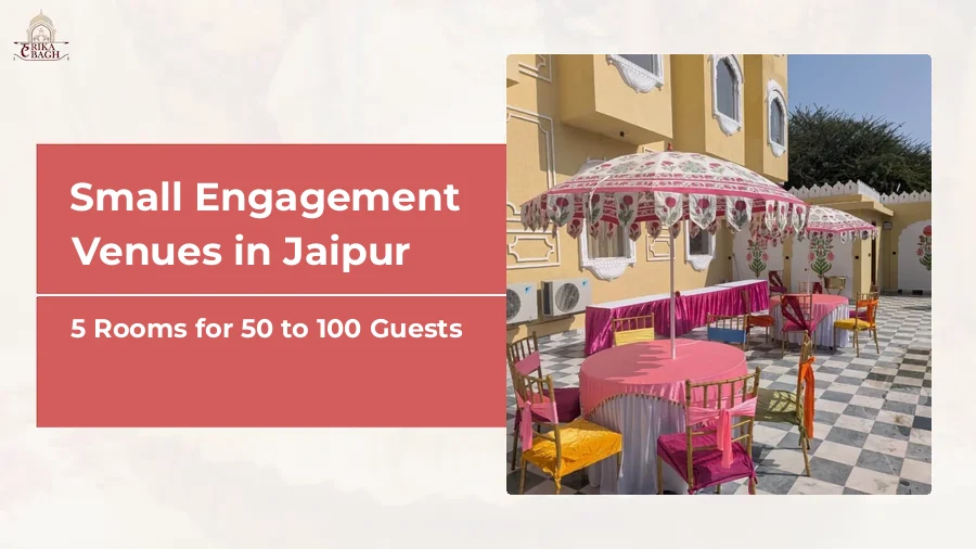 Round tables under pink umbrellas set for a small family gathering in the courtyard at Harika Bagh, Jagatpura, Jaipur